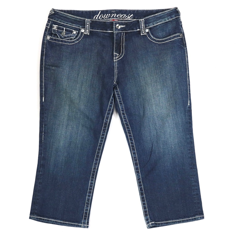 Downeast Capri Jeans Womens 33 Blue Denim Rhinestone Embroidered Flap  Bling